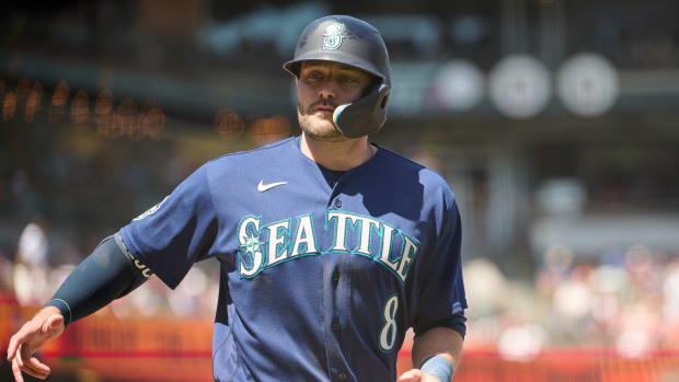 Seattle Mariners designated hitter AJ Pollock scores a run against the SF Giants during the sixth inning at Oracle Park. (2023)